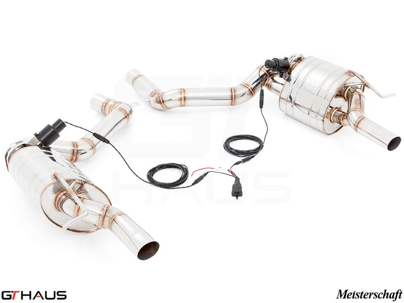 Premium exhaust system for 2014+ Mercedes-Benz W212 E-Class E63 AMG V8 with electronic valve control and stainless steel finish.