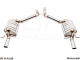 Premium exhaust system for Mercedes-Benz W212 E-Class E63 AMG V8, featuring polished stainless steel construction.