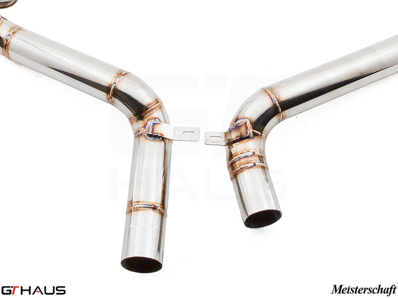 Premium stainless steel exhaust tips for Mercedes-Benz W212 E-Class E63 AMG, featuring precision welds and robust design.