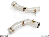 Mercedes-Benz W213 E-Class 2018+ down pipe with secondary cat-delete, featuring stainless steel construction and precise welds.