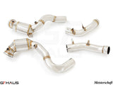 Premium down pipes for Mercedes-Benz W213 E-Class 2018+, featuring OBD2 and 400 CEL sport cats for enhanced performance.