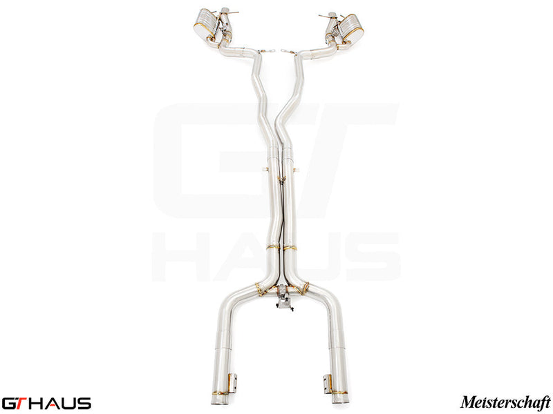 Premium performance exhaust system for Mercedes-Benz W213 E-Class E63S AMG V8 Twin Turbo, featuring stainless steel construction.