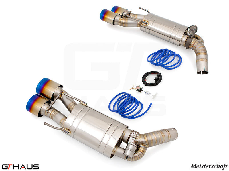 Premium exhaust system for Mercedes-Benz W216 CL-Class Coupe CL550 V8 Bi-turbo, featuring stainless steel construction and blue tips.