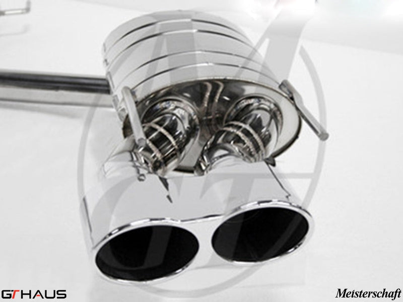 Premium exhaust system for Mercedes-Benz W216 CL-Class Coupe CL600 V12, featuring dual polished tips and advanced valve control.
