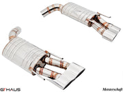 Premium exhaust system for Mercedes-Benz W216 CL-Class Coupe CL63 AMG, featuring polished stainless steel and dual tips.