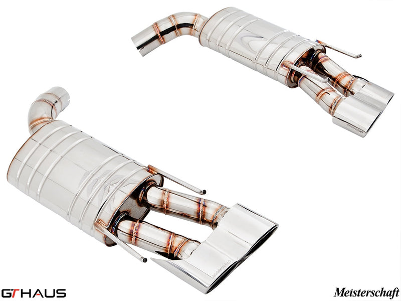 Premium exhaust system for Mercedes-Benz W216 CL-Class Coupe CL63 AMG, featuring polished stainless steel and dual tips.