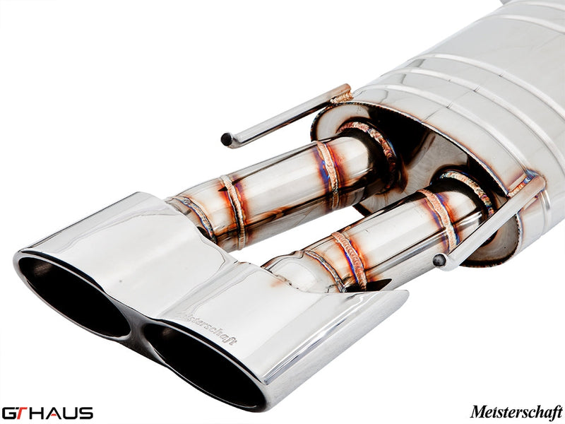 Premium stainless steel exhaust tips for Mercedes-Benz W216 CL-Class Coupe CL63 AMG, showcasing Meisterschaft craftsmanship.