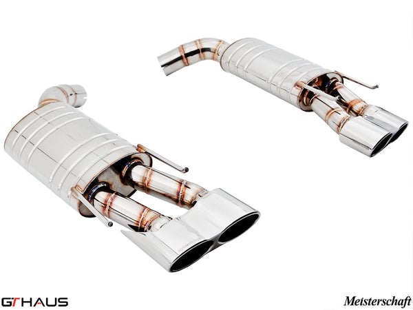 Premium exhaust system for Mercedes-Benz W216 CL-Class Coupe CL63 V8 Bi-turbo, featuring polished stainless steel construction.