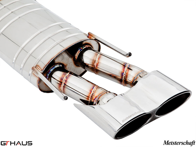 Premium Meisterschaft exhaust system for Mercedes-Benz W216 CL-Class Coupe CL63 V8 Bi-turbo, showcasing polished dual tips.