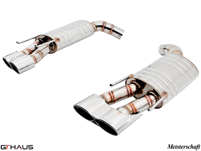 Premium exhaust system for Mercedes-Benz W216 CL-Class Coupe CL63 V8 Bi-turbo, featuring polished stainless steel construction.