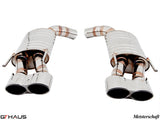 Premium exhaust system for Mercedes-Benz W216 CL-Class Coupe CL65 AMG, featuring dual polished tips and stainless steel construction.