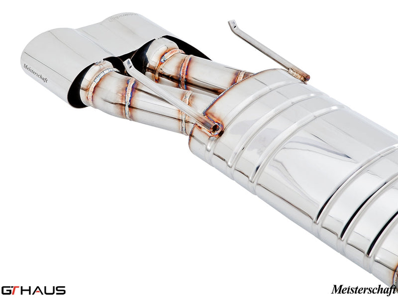 Meisterschaft stainless steel exhaust system for Mercedes-Benz W216 CL-Class Coupe CL65 AMG, showcasing dual tips and craftsmanship.