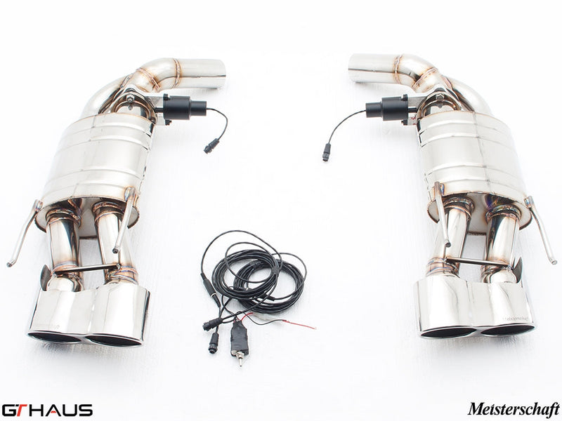 Premium exhaust system for Mercedes-Benz W216 CL-Class Coupe CL65 AMG V12 Bi-turbo, featuring dual tips and electronic valve control.
