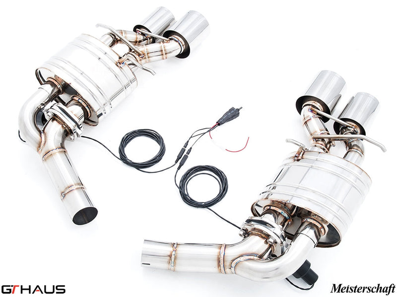 Premium Meisterschaft exhaust system for Mercedes-Benz W218 CLS-Class Sedan CLS350, featuring stainless steel construction and electronic valve control.