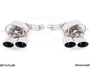 Premium exhaust system for Mercedes-Benz W218 CLS-Class CLS350, featuring polished stainless steel and dual tips.