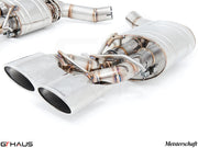 Premium Meisterschaft exhaust system for Mercedes-Benz W218 CLS-Class CLS350, featuring polished stainless steel and dual tips.