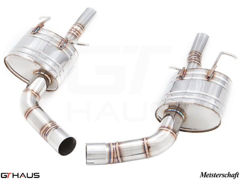 Premium Meisterschaft exhaust system for Mercedes-Benz W218 CLS-Class Sedan CLS400/450 V6 turbo, featuring stainless steel construction.