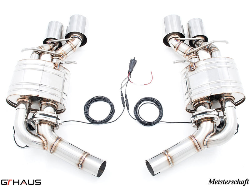 Premium Meisterschaft exhaust system for Mercedes-Benz W218 CLS-Class CLS500/550 V8 Bi-turbo, featuring dual tips and electronic valve control.