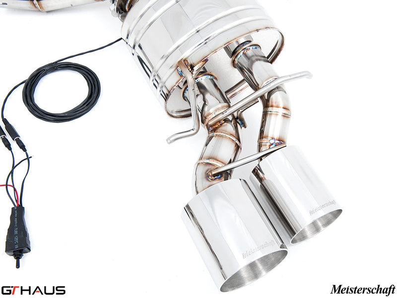 Premium exhaust system for Mercedes-Benz W218 CLS-Class CLS500/550 featuring dual polished tips and electronic valve control.