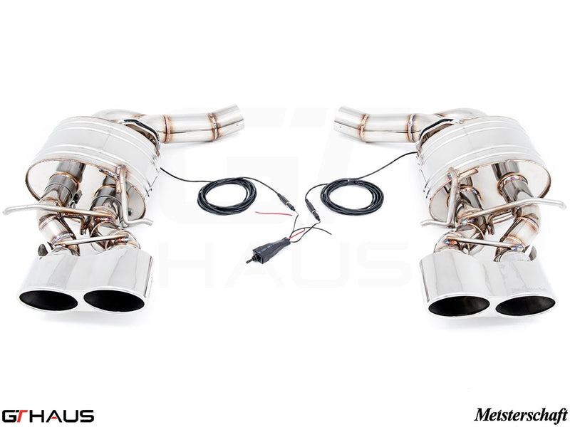 Premium exhaust system for Mercedes-Benz W218 CLS-Class CLS500/550 featuring dual tips and electronic valve control.