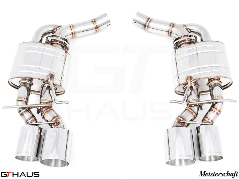 Premium exhaust system for Mercedes-Benz W218 CLS-Class CLS500/550 featuring polished stainless steel and dual tips.