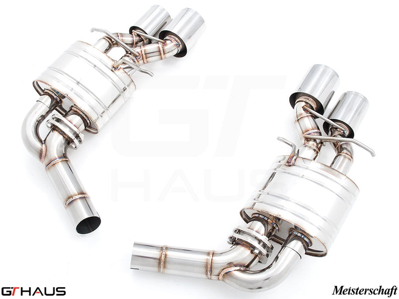 Premium Meisterschaft exhaust system for Mercedes-Benz W218 CLS-Class CLS500/550 V8 Bi-turbo, featuring polished stainless steel.
