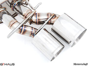 Premium Meisterschaft exhaust system for Mercedes-Benz W218 CLS-Class CLS63/63s AMG featuring polished stainless steel tips.