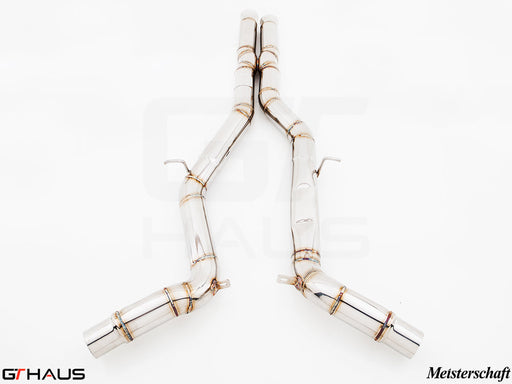 Full cat-back SR mid resonator delete pipe for 2011+ Mercedes-Benz W218 CLS-Class, featuring stainless steel construction.