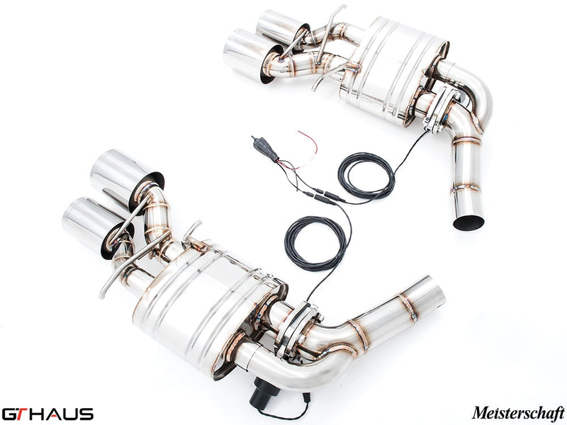 Premium performance exhaust system for Mercedes-Benz W218 CLS63 AMG, featuring stainless steel construction and electronic valve control.