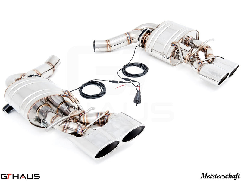 Premium performance exhaust system for Mercedes-Benz W218 CLS63 AMG, featuring V8 bi-turbo design and electronic valve control.