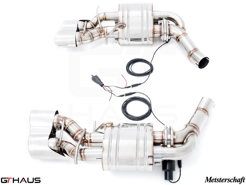 Premium performance exhaust system for Mercedes-Benz W218 CLS63 AMG, featuring stainless steel construction and electronic valve control.