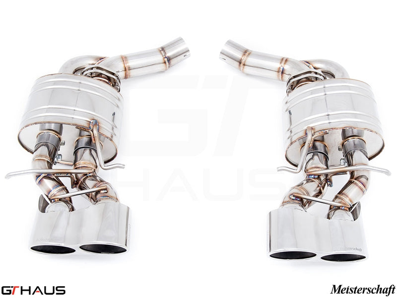 Premium performance exhaust system for Mercedes-Benz W218 CLS-Class CLS63 AMG featuring stainless steel construction and dual tips.