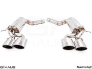 Premium stainless steel exhaust system for Mercedes-Benz W219 CLS550 V8, featuring dual polished tips and Meisterschaft branding.
