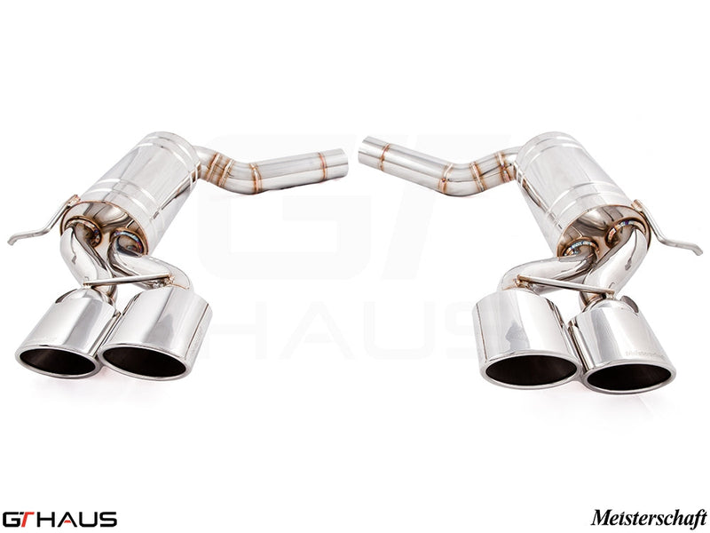 Premium exhaust system for Mercedes-Benz W219 CLS-Class CLS55 AMG, featuring polished stainless steel and dual tips.