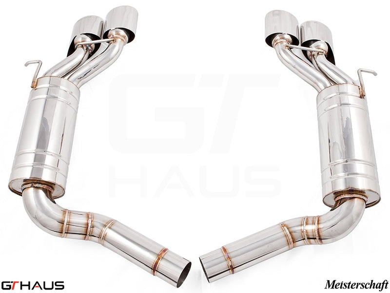 Premium stainless steel exhaust system for Mercedes-Benz W219 CLS-Class CLS63 AMG V8, featuring dual tips and performance design.