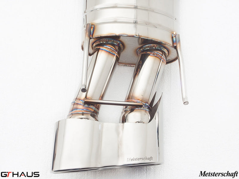Premium stainless steel exhaust system for Mercedes-Benz W221 S-Class S550 V8, featuring Meisterschaft branding and precision welding.