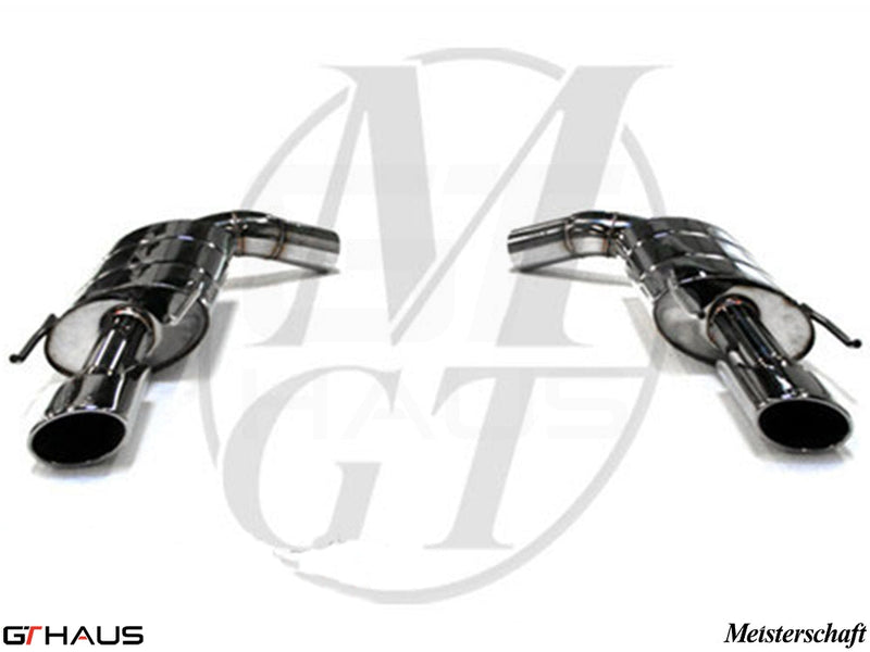 Premium exhaust system for Mercedes-Benz W221 S-Class S550 V8, featuring polished stainless steel construction and dual tips.
