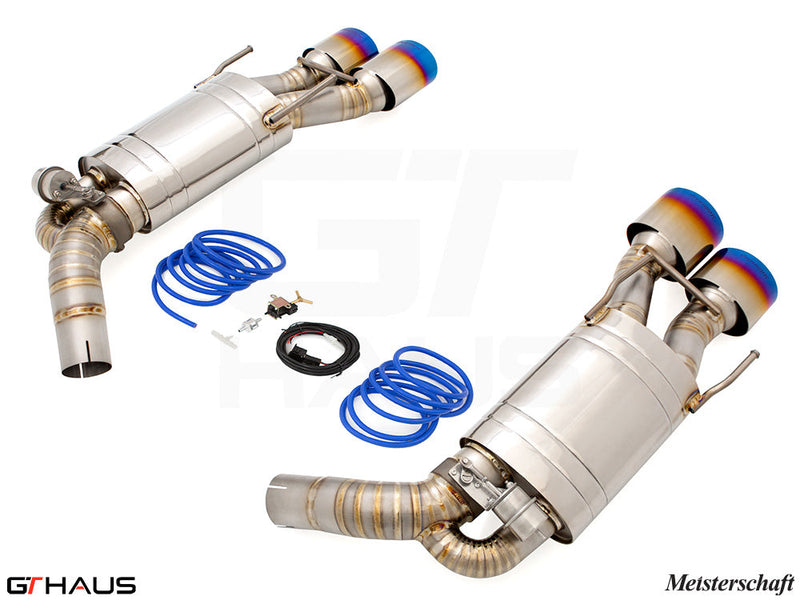 Premium performance exhaust system for Mercedes-Benz W221 S-Class S550 V8, featuring stainless steel construction and blue-tipped exhaust tips.