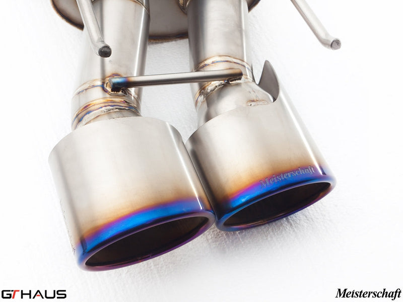 Premium exhaust tips for Mercedes-Benz W221 S-Class S600 V12, showcasing Meisterschaft branding and a polished finish.