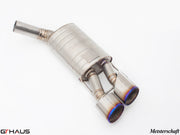Premium stainless steel exhaust system for Mercedes-Benz W221 S-Class S600 V12, featuring dual tips and Meisterschaft branding.