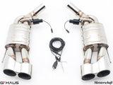 Premium exhaust system for 2011-2013 Mercedes-Benz W221 S-Class S65 AMG, featuring dual tips and electronic valve control.
