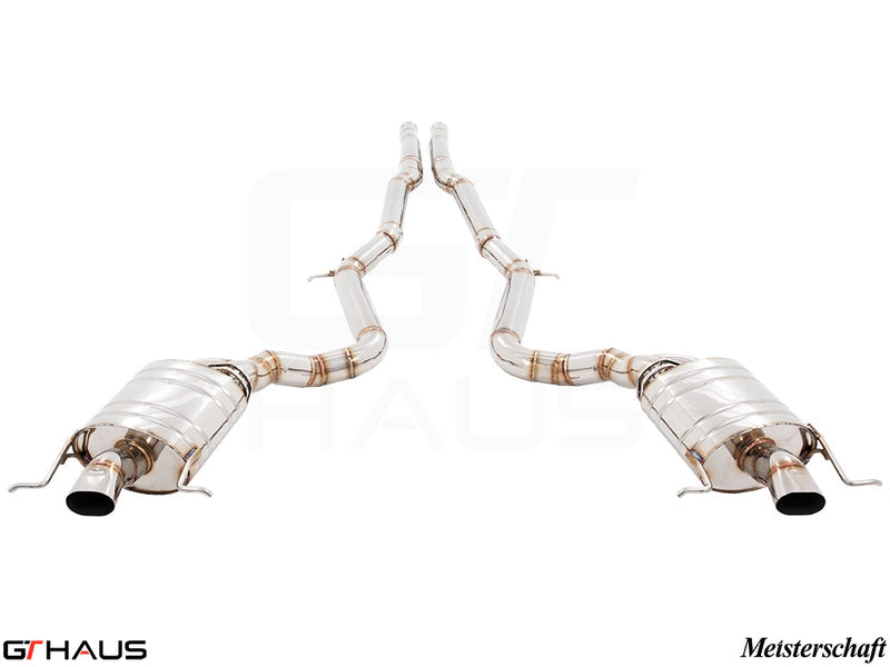 Premium exhaust system for Mercedes-Benz W222 S-Class Sedan S550/560, featuring dual stainless steel pipes and mufflers.