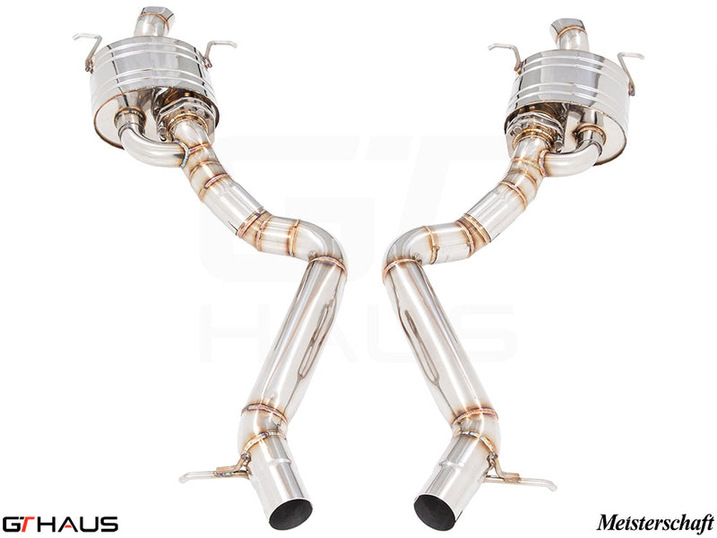 Premium Meisterschaft exhaust system for Mercedes-Benz W222 S-Class Sedan S600/S650, featuring dual polished tips and stainless steel construction.
