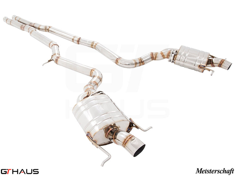 Premium exhaust system for Mercedes-Benz W222 S-Class Sedan S65 featuring dual pipes and polished finish.