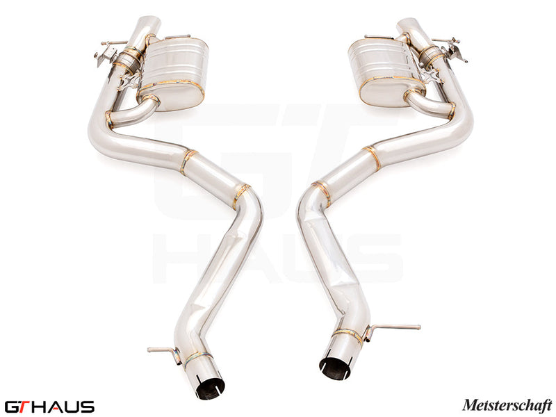 Premium performance exhaust system for the 2024+ Mercedes-Benz W223 S63E AMG Hybrid, featuring stainless steel construction.