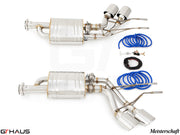Premium exhaust system for Mercedes-Benz W463 G-Class G63 AMG featuring V8 bi-turbo, includes valves and installation components.