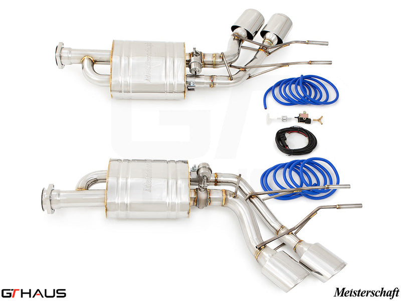 Premium exhaust system for Mercedes-Benz W463 G-Class G63 AMG featuring V8 bi-turbo, includes valves and installation components.