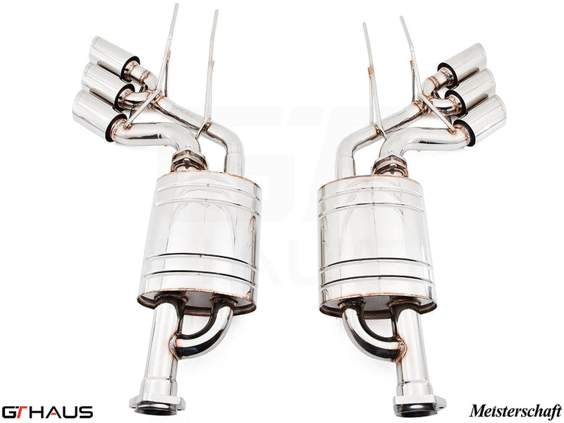 Premium exhaust system for Mercedes-Benz W463 G-Class G63 AMG, featuring polished stainless steel and dual tips.