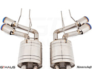 Premium exhaust system for Mercedes-Benz W463 G-Class G63 AMG featuring polished stainless steel and blue-tipped tips.