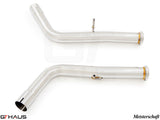 Stainless steel downpipe for 2019+ Mercedes-Benz G-Class G500/550, designed for secondary cat-delete and enhanced performance.